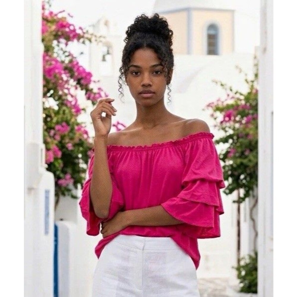 Vince Camuto Pink Solid Off Shoulder Ruffle 3/4 Puff Sleeve Peasant Blouse M